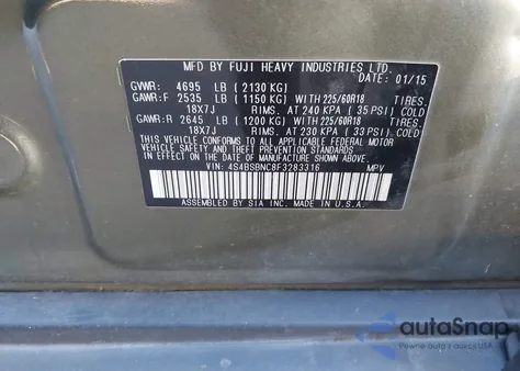 2015 Subaru Outback 2.5I Limited z USA, uszkodzony, nr VIN 4S4BSBNC8F3283316